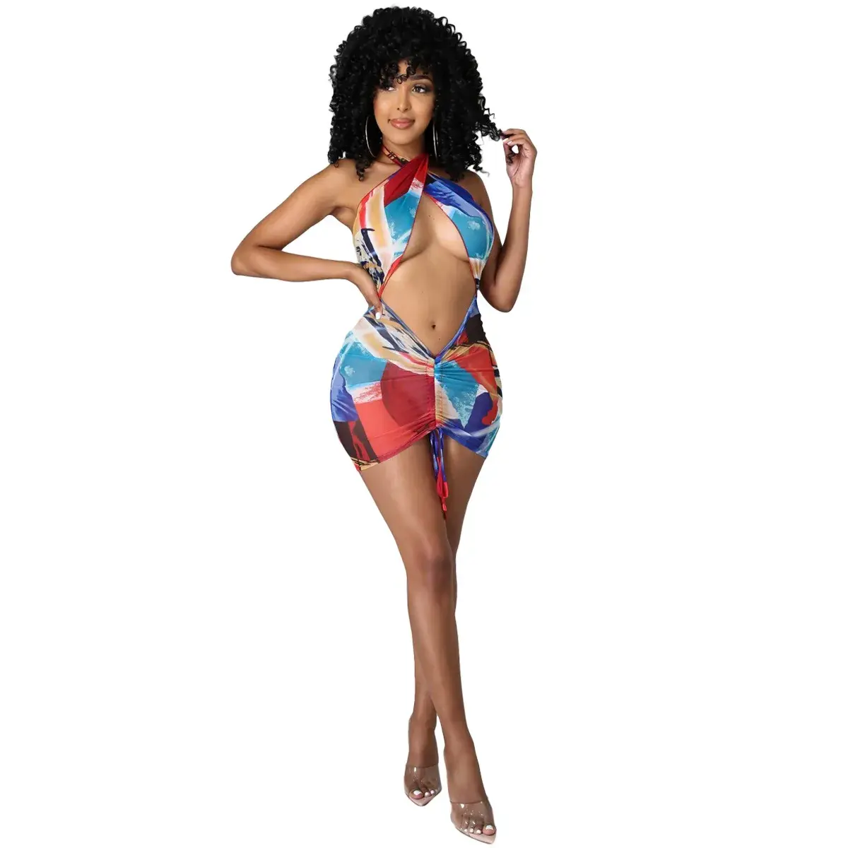 Sexy Y16801 Cross-Border Women's Mini Dress Hanging Neck Backless New Arrival Hot Sale Of The Season Polyester Fabric Nightclub