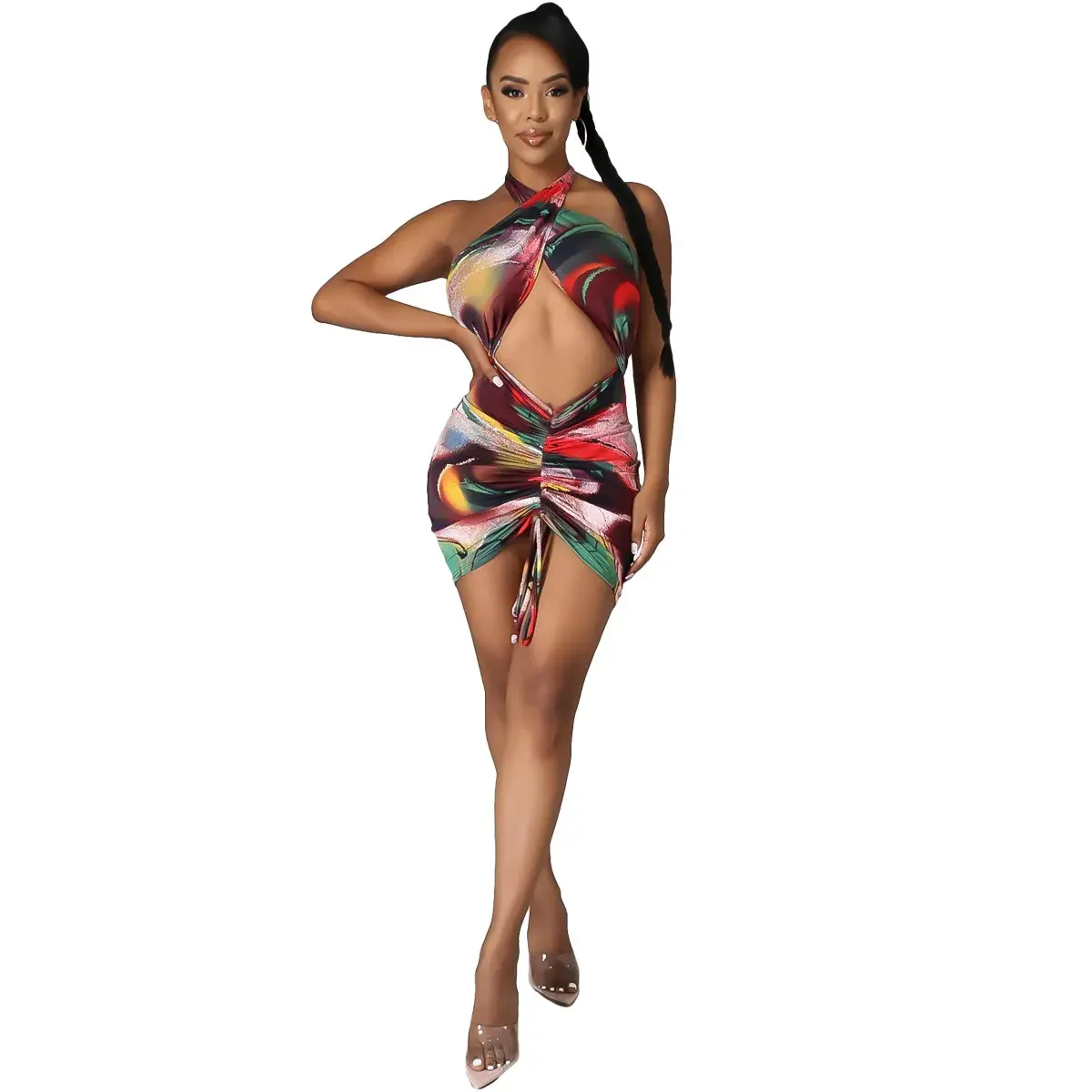 Sexy Y16801 Cross-Border Women's Mini Dress Hanging Neck Backless New Arrival Hot Sale Of The Season Polyester Fabric Nightclub
