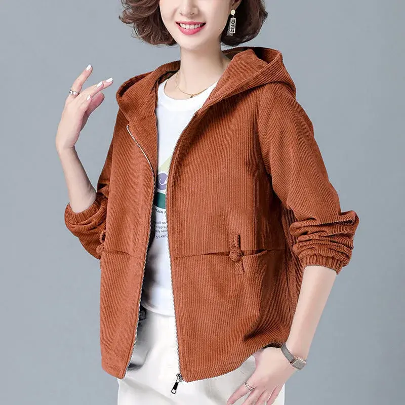 Women's Short Corduroy Jacket Loose Fit Korean Style Autumn Winter plus Size Slimming Casual Sweatshirt Coat for Women