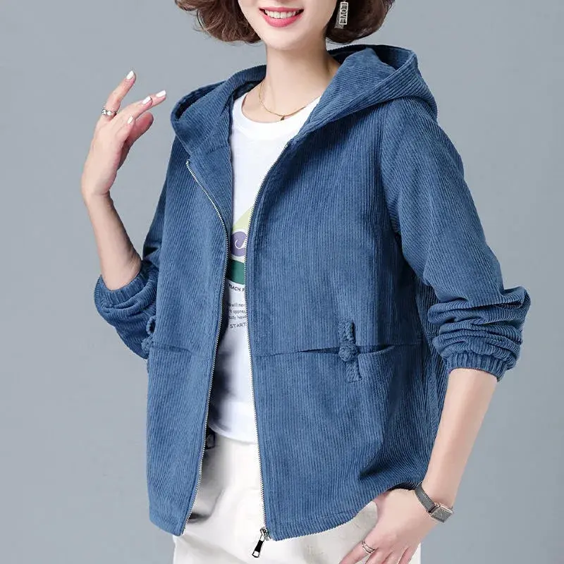 Women's Short Corduroy Jacket Loose Fit Korean Style Autumn Winter plus Size Slimming Casual Sweatshirt Coat for Women