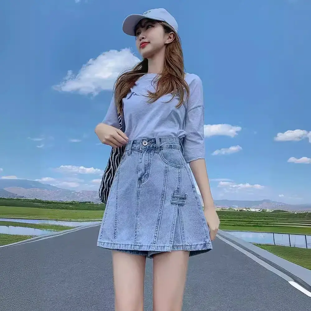 High-waisted Denim Mini Dress Women's Summer New Style Slimming Skirt Anti-exposure Underwear Skort Versatile A- line Skirt