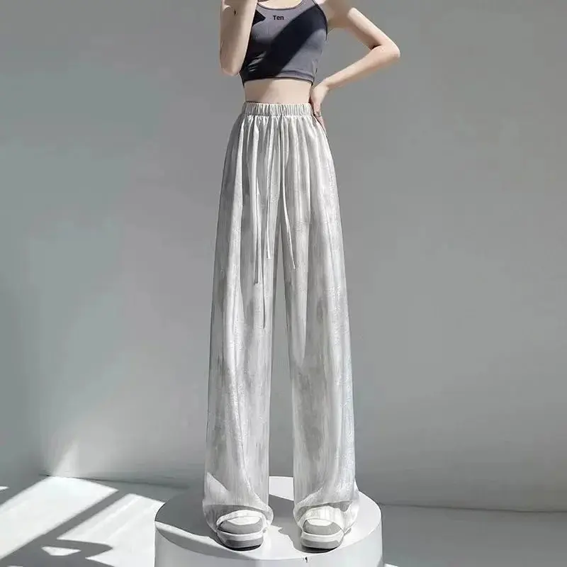 Summer Thin Silk Wide Leg Pants Women Loose Casual Drape High Waist Slimming Tie Dye Ink Painting Loose Fit Long Trousers