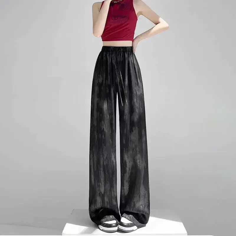 Summer Thin Silk Wide Leg Pants Women Loose Casual Drape High Waist Slimming Tie Dye Ink Painting Loose Fit Long Trousers