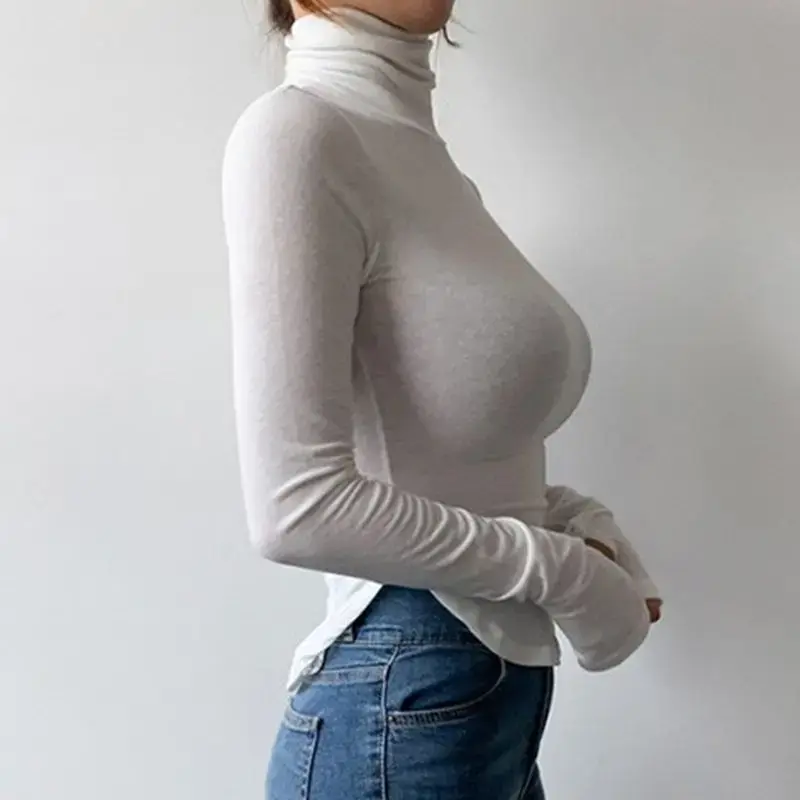 Slim-Fit Polyester T-Shirt Women's Soft Supple White Polo/Turtle Neck Inner Base Layer Top For Spring And Autumn