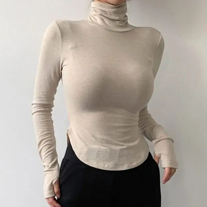 Slim-Fit Polyester T-Shirt Women's Soft Supple White Polo/Turtle Neck Inner Base Layer Top For Spring And Autumn
