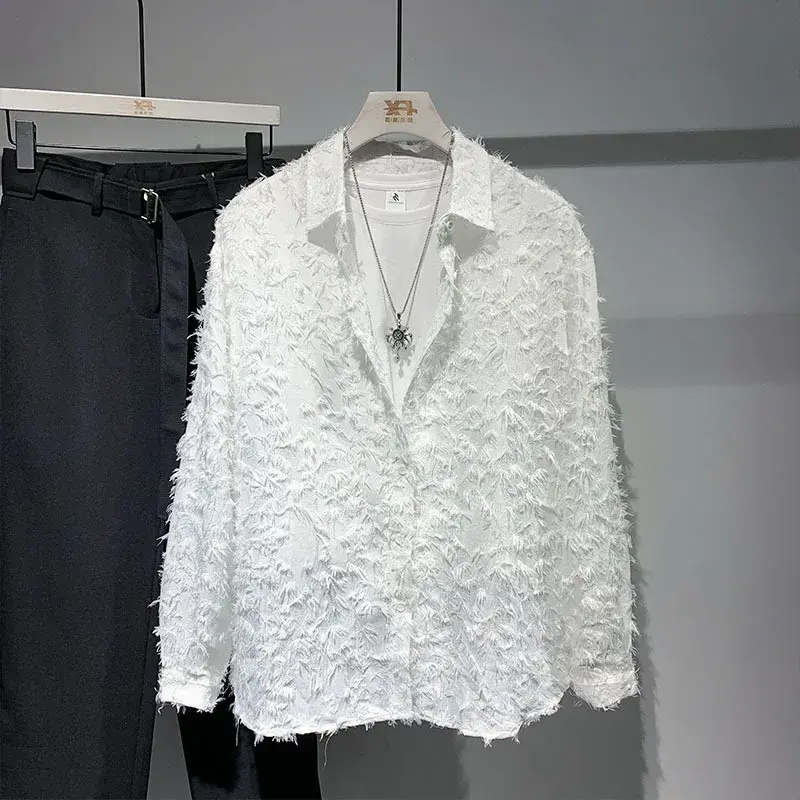 2024 Summer Cool Lapel Shirt Men's Long Sleeve Unique Fur Light Luxury Design Sensibility Niche Casual Shirt