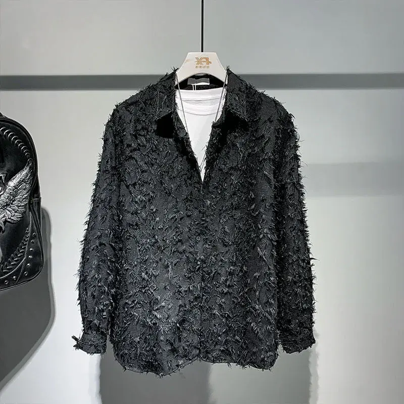 2024 Summer Cool Lapel Shirt Men's Long Sleeve Unique Fur Light Luxury Design Sensibility Niche Casual Shirt