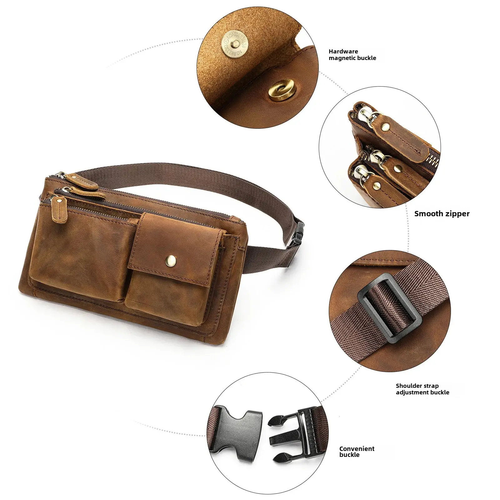 New Vintage Casual Men's Chest Bag Large Capacity Top Layer Cow Leather Crossbody Bag Motorcycle Equipment Accessories