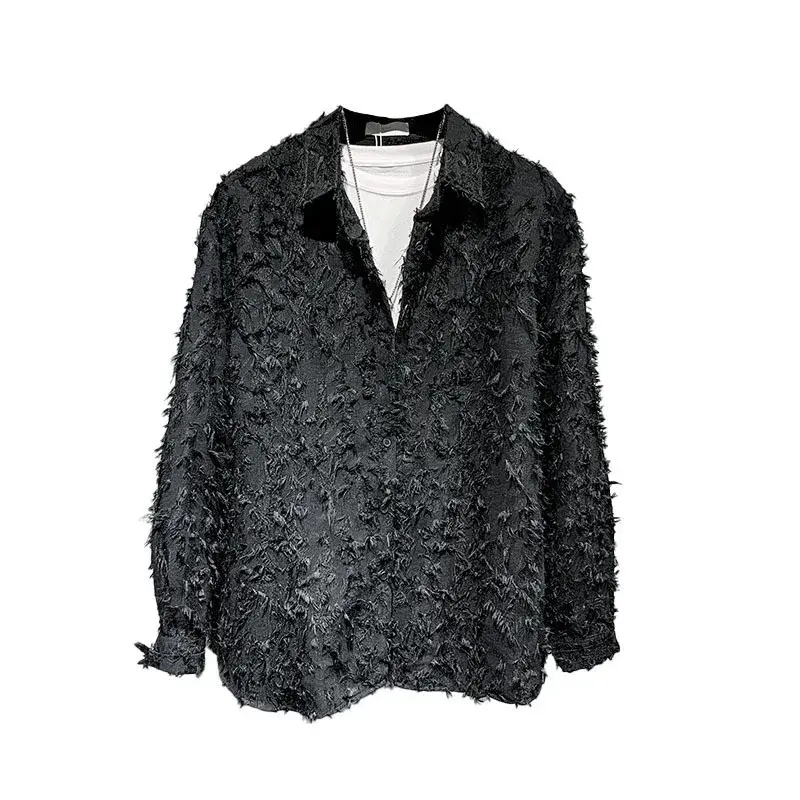 2024 Summer Cool Lapel Shirt Men's Long Sleeve Unique Fur Light Luxury Design Sensibility Niche Casual Shirt