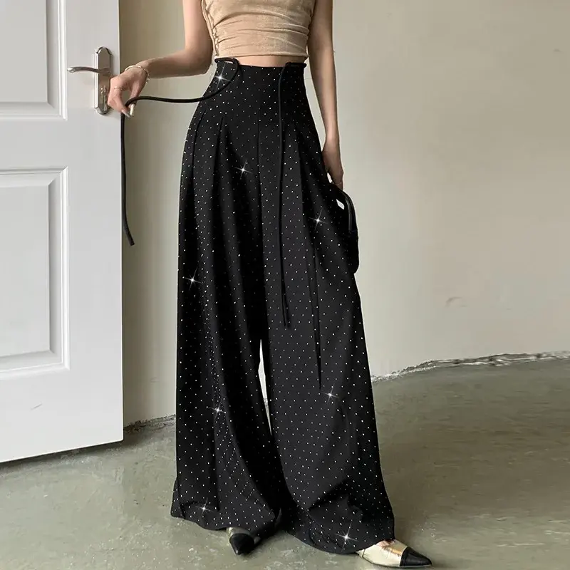 Trendy Wide Leg Pants High Waist Casual Suit Pants Women's Fashion Diamond Embellished Belted Floor-Length Pants