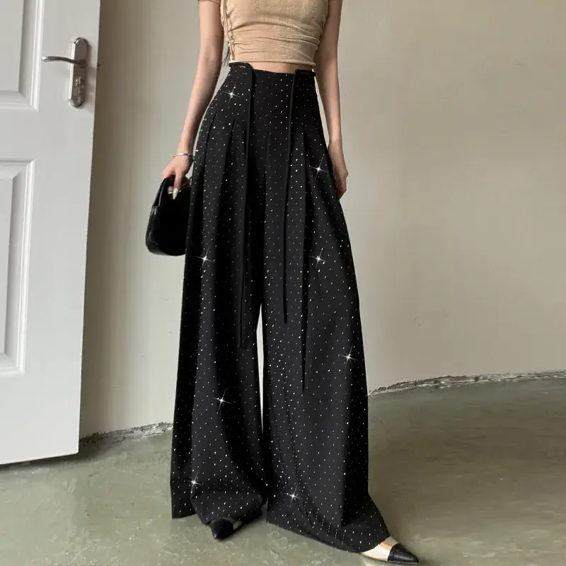 Trendy Wide Leg Pants High Waist Casual Suit Pants Women's Fashion Diamond Embellished Belted Floor-Length Pants