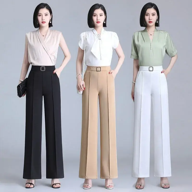 Women's Ice Silk Wide Leg Pants Drapey Loose Thin High Waist Spring Summer Versatile Straight Cut Elegant Long Trousers