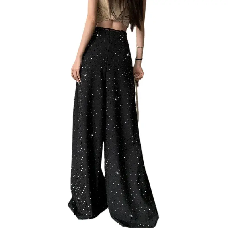 Trendy Wide Leg Pants High Waist Casual Suit Pants Women's Fashion Diamond Embellished Belted Floor-Length Pants