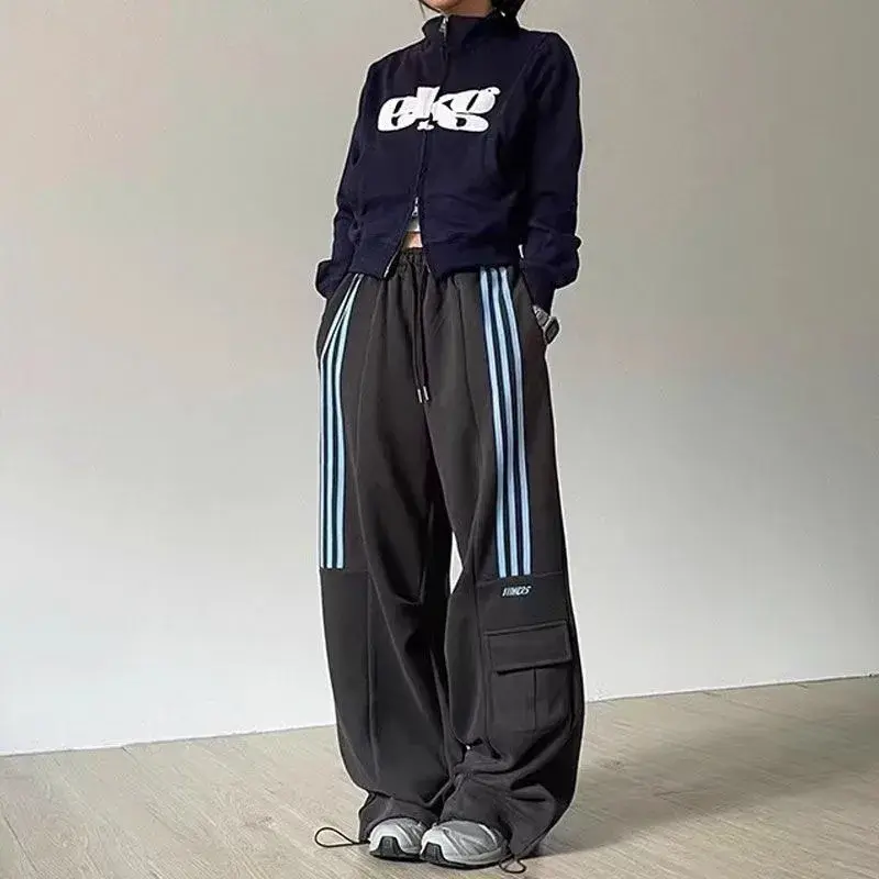 Heavyweight Sporty Wide Leg Pants Loose Fit Cotton Street Dance Women's Three-Strap American Style Trousers Casual Sweatpants