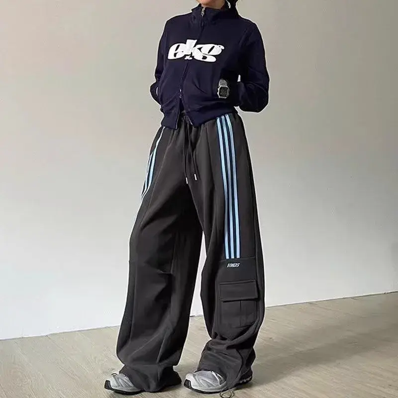 Heavyweight Sporty Wide Leg Pants Loose Fit Cotton Street Dance Women's Three-Strap American Style Trousers Casual Sweatpants