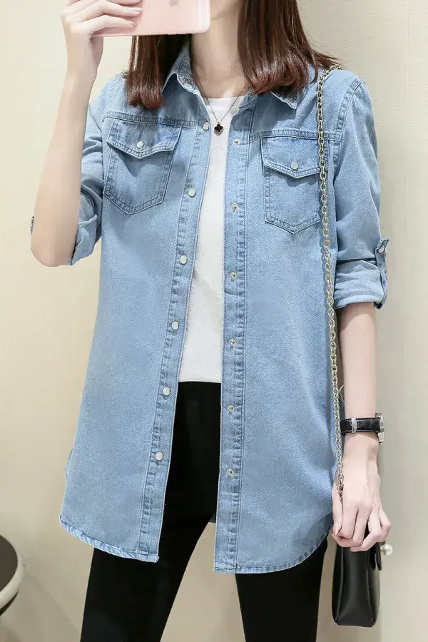 2024 Spring And Autumn New Denim Shirt Women's Long Sleeve Preppy Style Slimming Korean Version Versatile Top For All Seasons