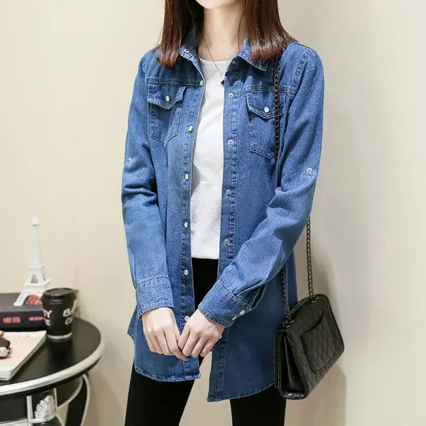 2024 Spring And Autumn New Denim Shirt Women's Long Sleeve Preppy Style Slimming Korean Version Versatile Top For All Seasons