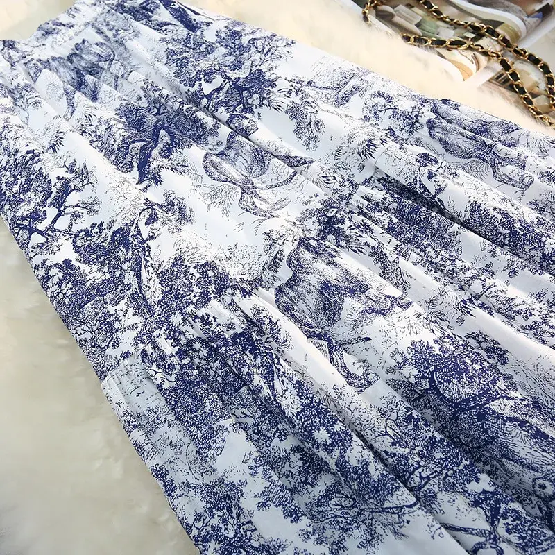 High Waist Dyed A- Line Skirt Fashionable Summertime Water-Media Print Midi-Length Long Skirts for Women Simple Solid Color