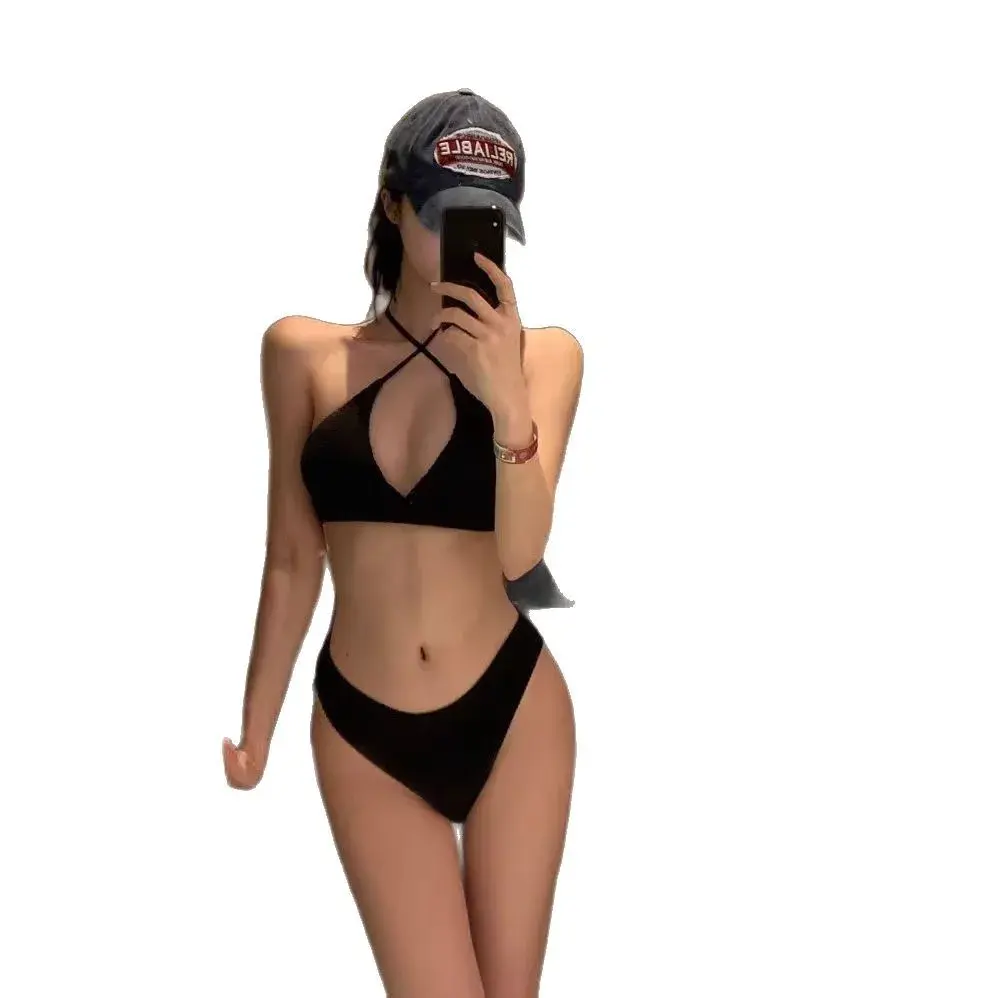 Sexy Three-Point Black Triangle Bikini Swimsuit Women's Separate Model Art Exam Hot Spring Swimming Costume Chinese Brand