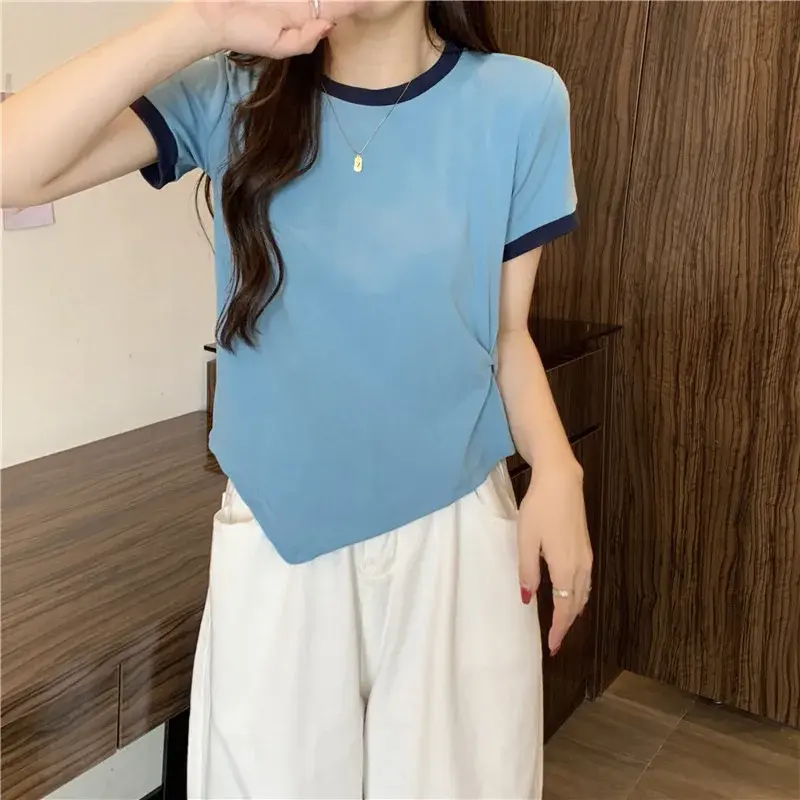 European Style Cropped Half Sleeve T-shirts Women's Trendy 2024 Summer Slim Fit Short Sleeves Top Versatile Smooths Silhouette