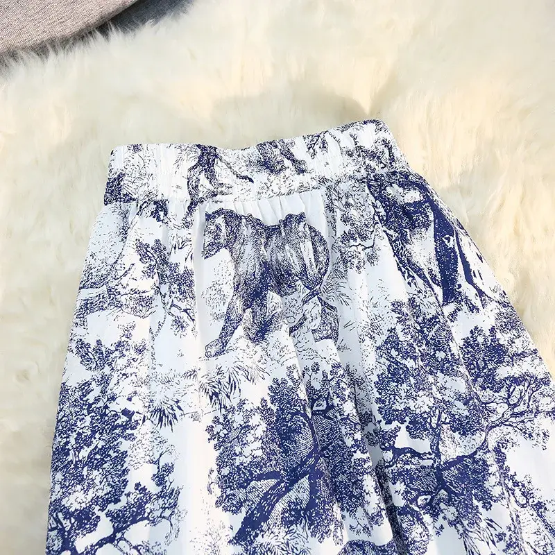 High Waist Dyed A- Line Skirt Fashionable Summertime Water-Media Print Midi-Length Long Skirts for Women Simple Solid Color