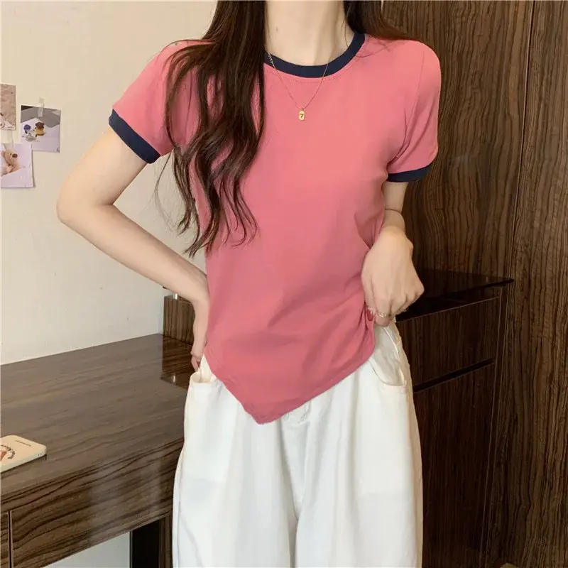 European Style Cropped Half Sleeve T-shirts Women's Trendy 2024 Summer Slim Fit Short Sleeves Top Versatile Smooths Silhouette