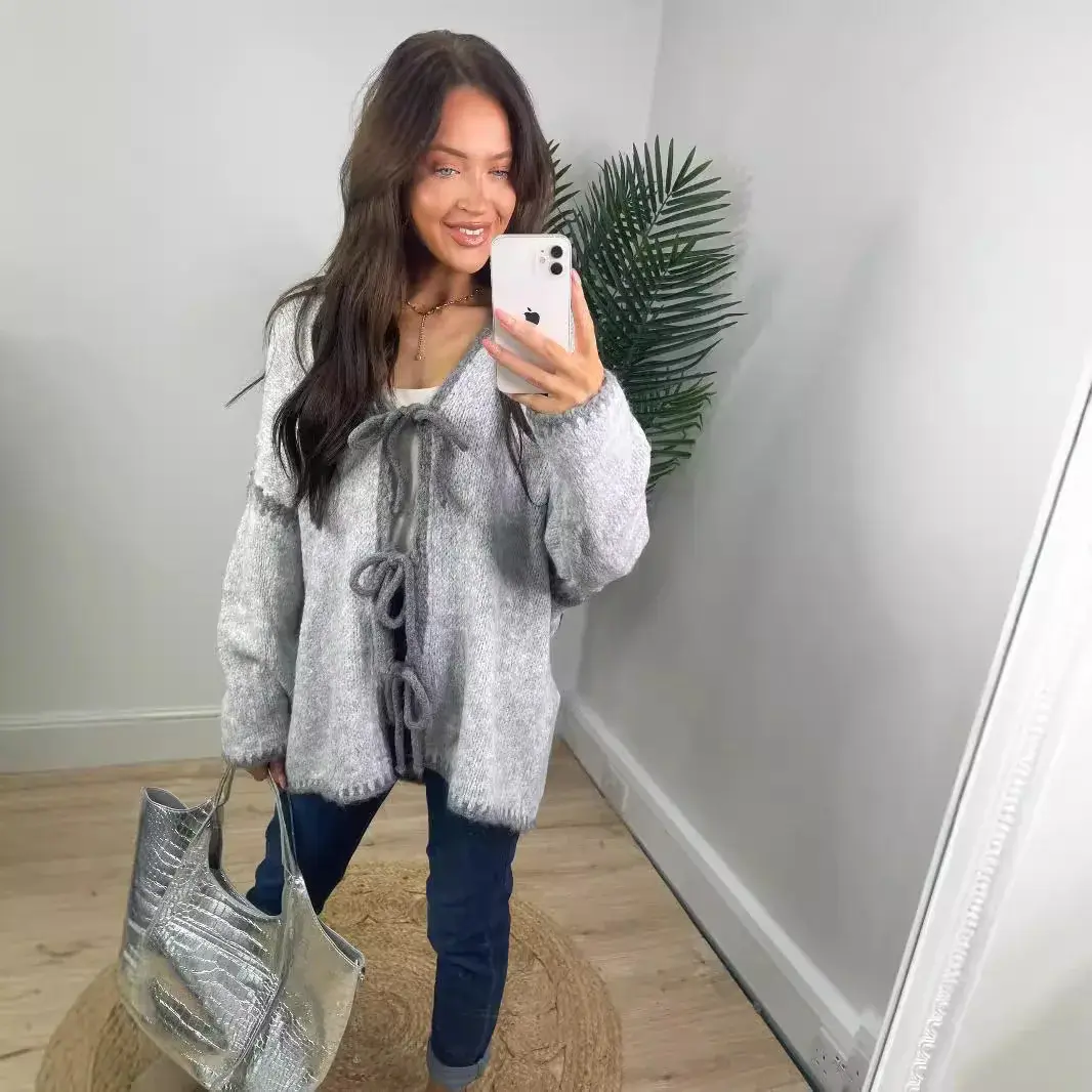 New 2024 Women's Knitted Sweater Cardigan Long Sleeve Warm Color Block Rope Tied Outerwear Top Quality Material Fashionable Desi
