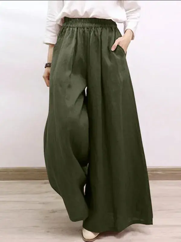 Summer Women's Fashion Solid Color Cotton Wide Leg Pants Casual Trousers Long Trousers Female 4 Colors Good Fabric
