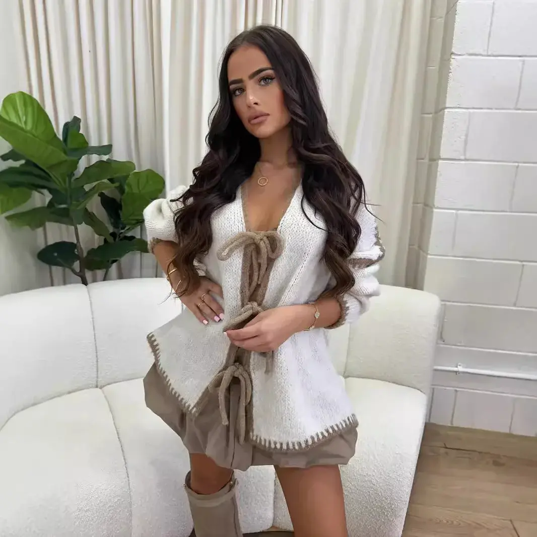 New 2024 Women's Knitted Sweater Cardigan Long Sleeve Warm Color Block Rope Tied Outerwear Top Quality Material Fashionable Desi