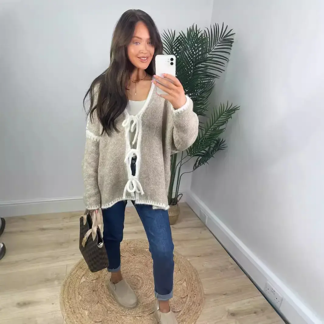 New 2024 Women's Knitted Sweater Cardigan Long Sleeve Warm Color Block Rope Tied Outerwear Top Quality Material Fashionable Desi