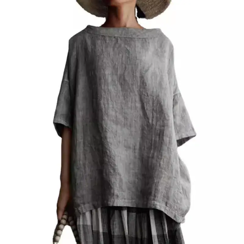Summer New Women's Loose Fit Crew Neck T-Shirt Pure Color Cotton Linen Style Woven Top Short Sleeve Versatile Comfortable Tee