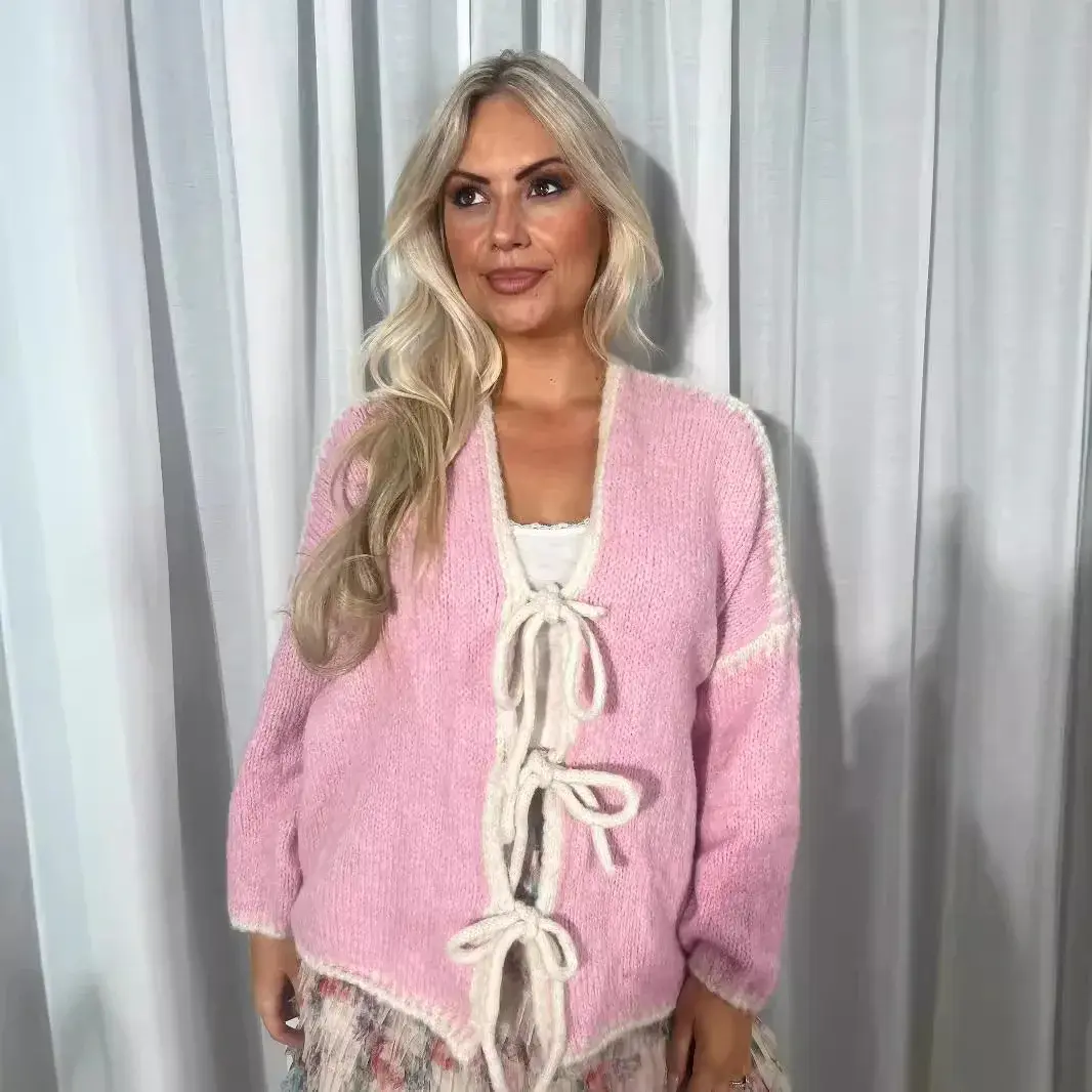 New 2024 Women's Knitted Sweater Cardigan Long Sleeve Warm Color Block Rope Tied Outerwear Top Quality Material Fashionable Desi