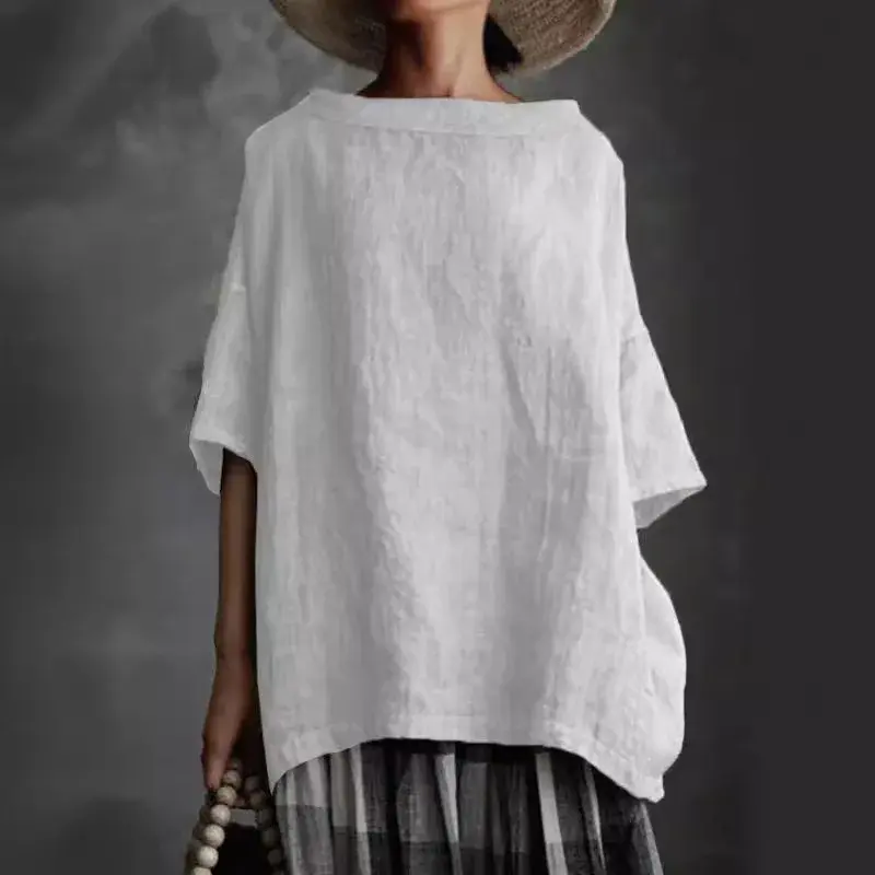 Summer New Women's Loose Fit Crew Neck T-Shirt Pure Color Cotton Linen Style Woven Top Short Sleeve Versatile Comfortable Tee