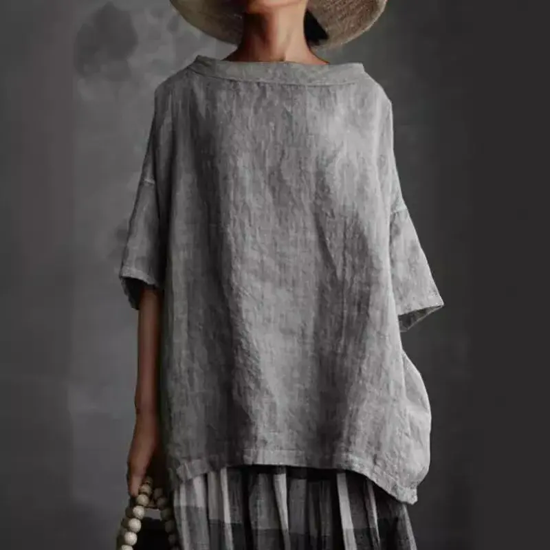 Summer New Women's Loose Fit Crew Neck T-Shirt Pure Color Cotton Linen Style Woven Top Short Sleeve Versatile Comfortable Tee