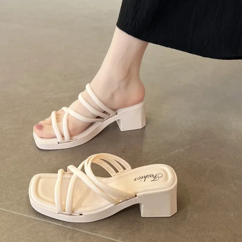 Fashionable High-Heeled Sandals Women's Summer Thin Strap Outer Wear Thick Bottom Drag Shoes Southeast Asia Beach Sandals