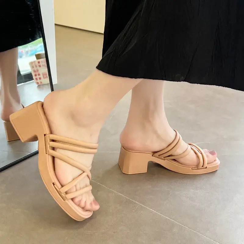 Fashionable High-Heeled Sandals Women's Summer Thin Strap Outer Wear Thick Bottom Drag Shoes Southeast Asia Beach Sandals