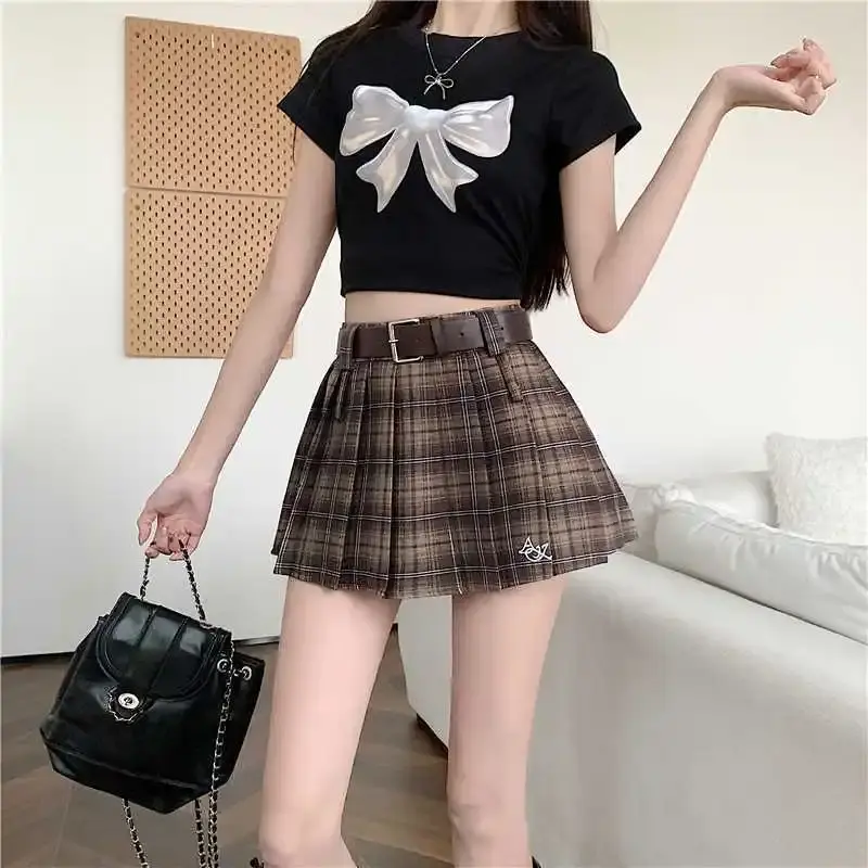 Vintage Plaid High-Waisted Mini Dress Skirt Women's Spring Summer Elegant Slimming Hot Style Pleated Garment For Young Fashion