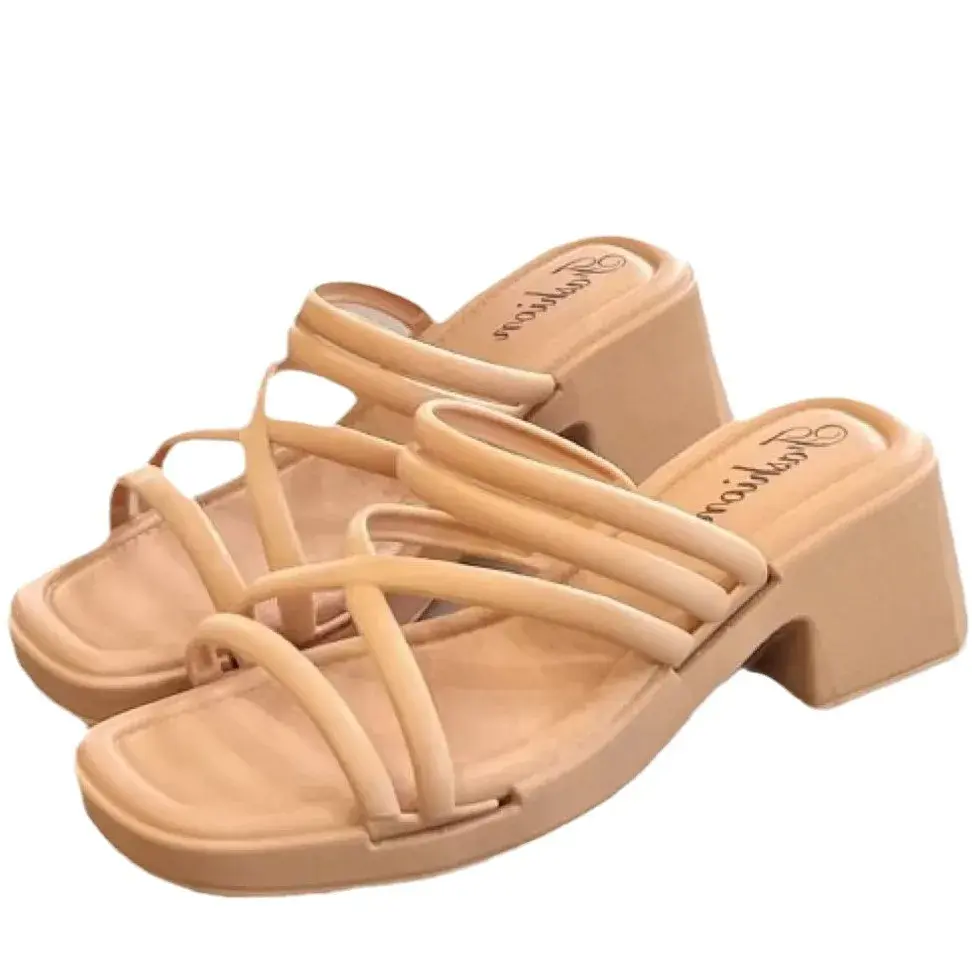 Fashionable High-Heeled Sandals Women's Summer Thin Strap Outer Wear Thick Bottom Drag Shoes Southeast Asia Beach Sandals