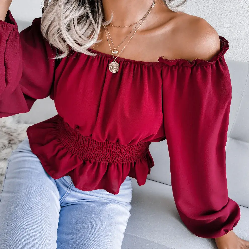 Sexy Off-The-Shoulder Chiffon Top New Arrival Autumn/Winter One-Piece Women's Clothing Ruffle Edge Fashionable Female Shirt
