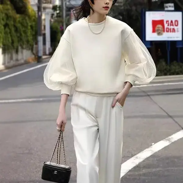2024 New Sensibility Pullover Sweatshirt With Mesh Sleeves Crew Neck Design China Mainland Origin No Brand (AE Stock)