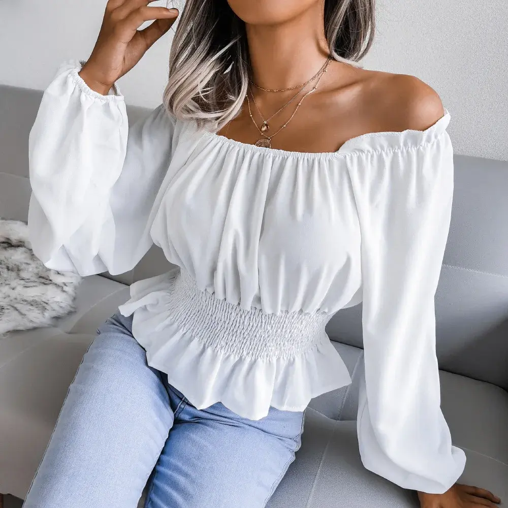 Sexy Off-The-Shoulder Chiffon Top New Arrival Autumn/Winter One-Piece Women's Clothing Ruffle Edge Fashionable Female Shirt