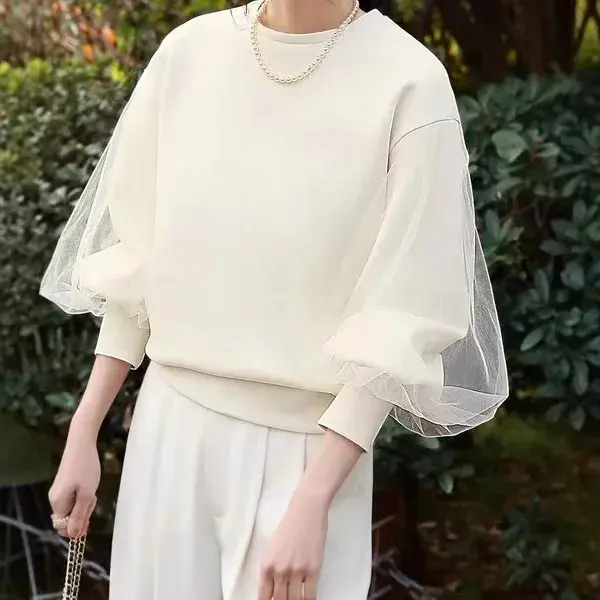 2024 New Sensibility Pullover Sweatshirt With Mesh Sleeves Crew Neck Design China Mainland Origin No Brand (AE Stock)