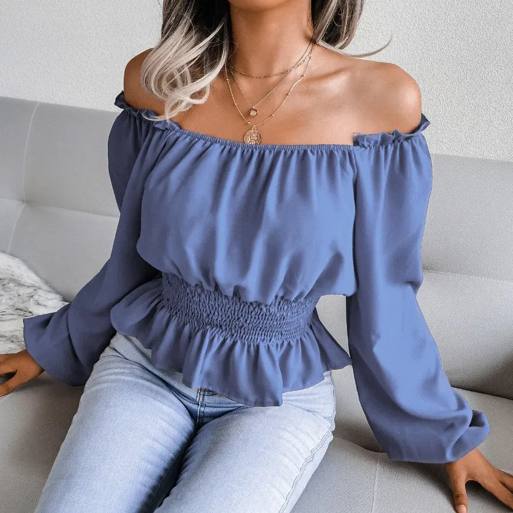 Sexy Off-The-Shoulder Chiffon Top New Arrival Autumn/Winter One-Piece Women's Clothing Ruffle Edge Fashionable Female Shirt