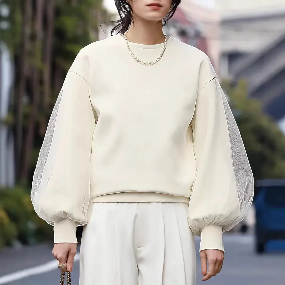 2024 New Sensibility Pullover Sweatshirt With Mesh Sleeves Crew Neck Design China Mainland Origin No Brand (AE Stock)