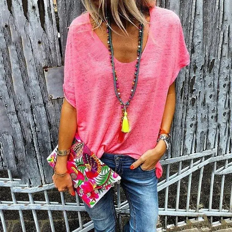 New Summer Candy Colored V-Neck Short Sleeve T-Shirt Women's Clothing Base Layer Top Ebay Fast Selling Wish Amazon European
