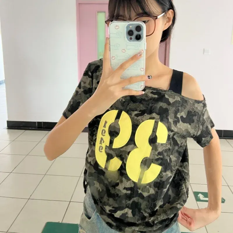 Loose Short Sleeve Camouflage T-Shirt Women's American Style 2025 Retro Design Sexy Girl T-Shirt Polyester Fiber Casual Slimming