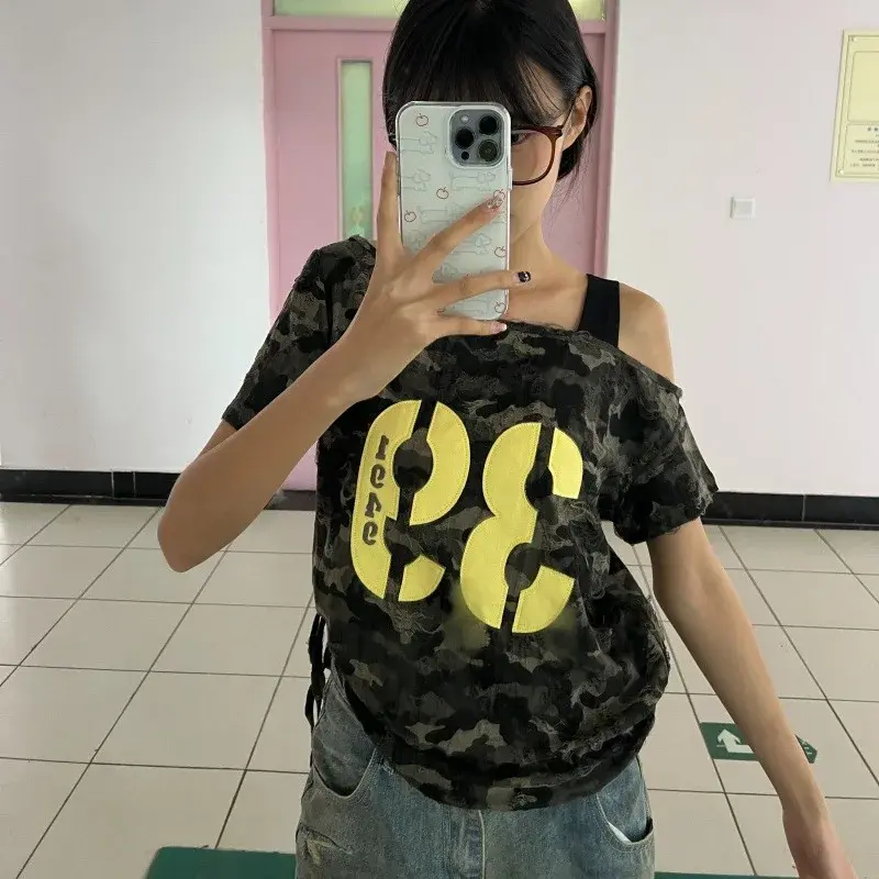 Loose Short Sleeve Camouflage T-Shirt Women's American Style 2025 Retro Design Sexy Girl T-Shirt Polyester Fiber Casual Slimming