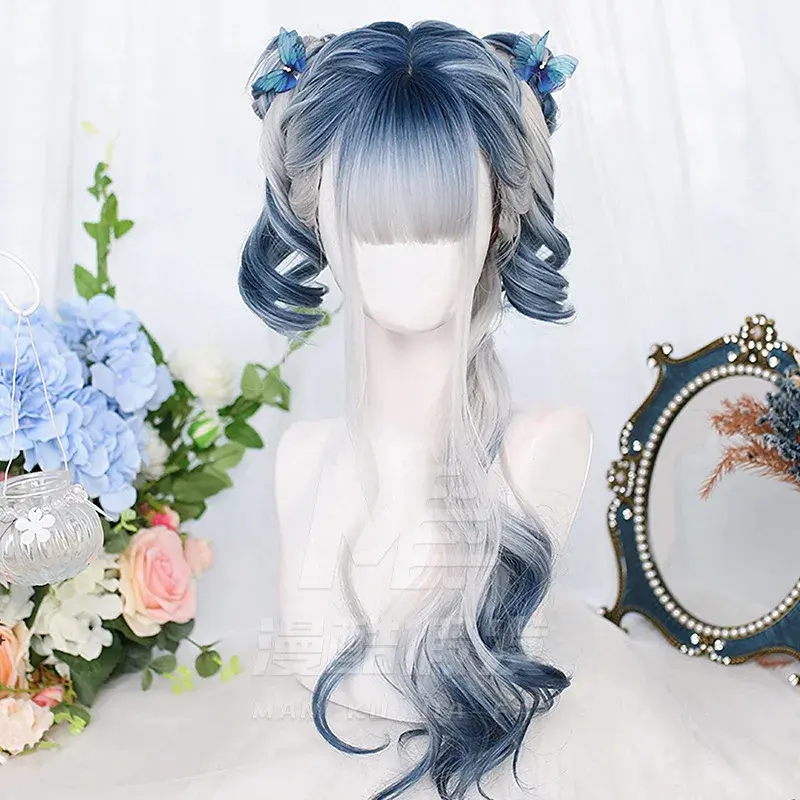 Daily Lolita Simulation Hair Wig Harajuku Soft Girl Lola Wig Japanese Style Highlight Ombre Blue Silver Hair Accessories