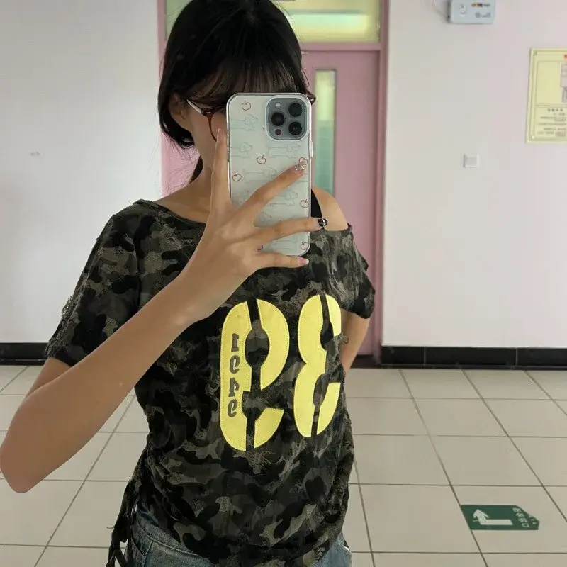 Loose Short Sleeve Camouflage T-Shirt Women's American Style 2025 Retro Design Sexy Girl T-Shirt Polyester Fiber Casual Slimming
