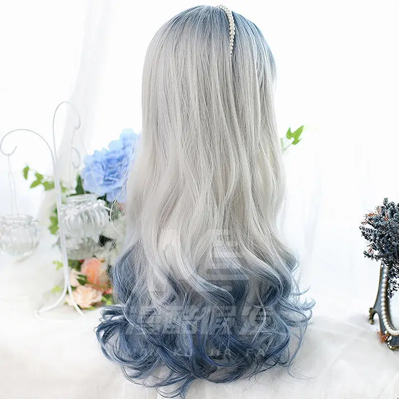 Daily Lolita Simulation Hair Wig Harajuku Soft Girl Lola Wig Japanese Style Highlight Ombre Blue Silver Hair Accessories